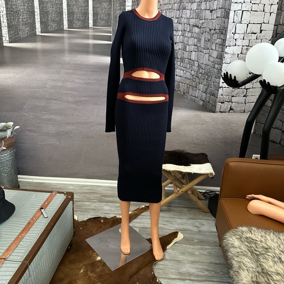 VICTORIA BECKHAM Size 2 Blue Cutout Front Ribbed Sweater Dress